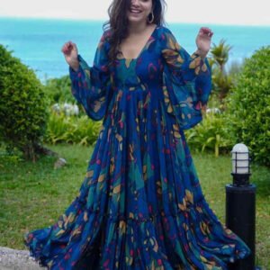 Digital Printed Georgette Gown in Royal Blue