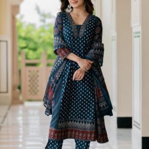 Blue Printed V-Neck Pleated Anarkali Kurta With Palazzos & Dupatta